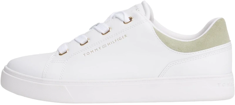 Tommy Hilfiger Women's Casual Leather Cupsole Trainers, White (White/Earth Sage), 2.5