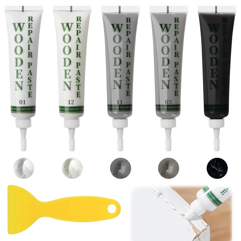 Penriter Grey Wood Fillers Wooden Furniture Repair Kit, Oak Laminate Floor Repair Kit for Wooden Cabinet, Door, Table Scratches Cracks Holes Stains(White, Black, Ivory, Light Grey, Dark Grey)