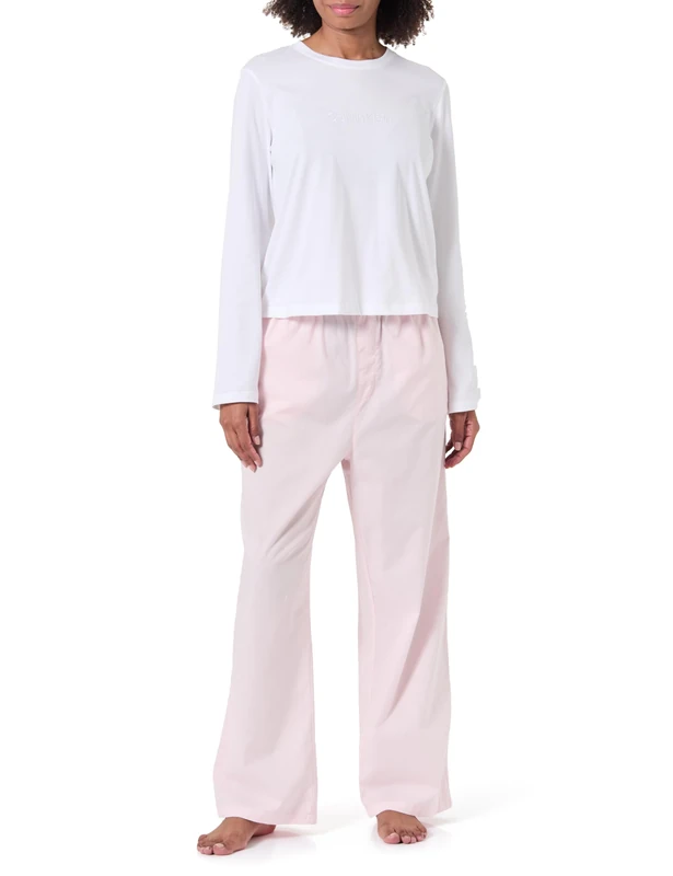 Calvin Klein Women's Long Pyjama Set, (Classic White W Potpourri), L