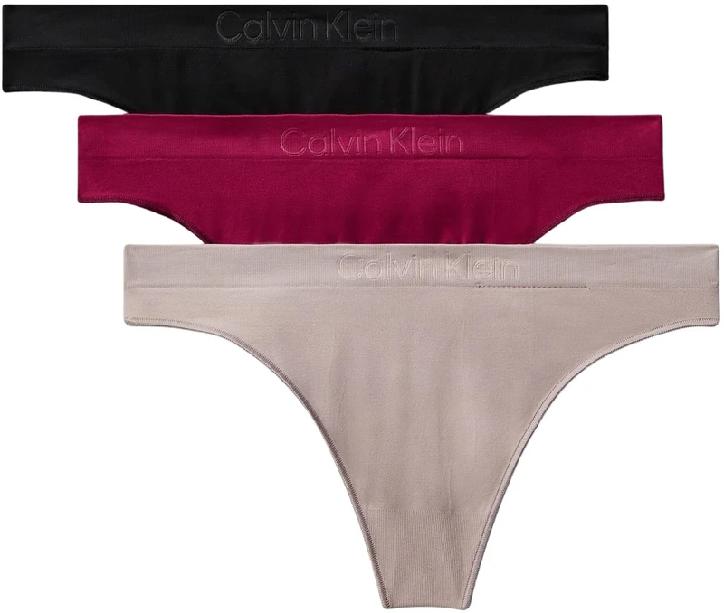 Calvin Klein Women's THONG 3 PK LV00QD5211 Thong, Beige (BLACK/MINK/BEET RED), XL - Image 1
