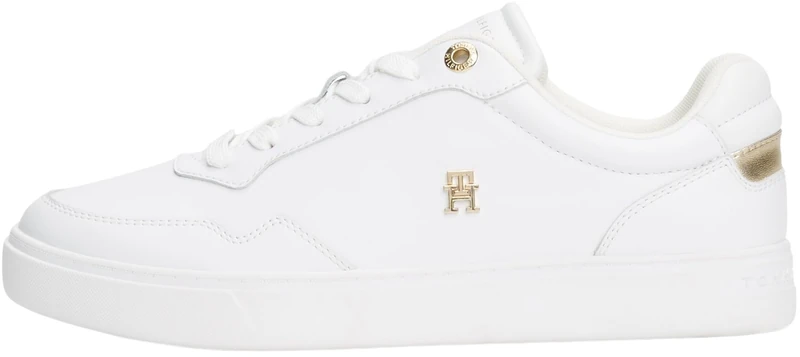 Tommy Hilfiger Women’s Essential Elevated Court Leather Cupsole Trainers, White (White/Gold), 3.5