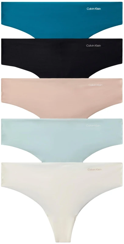 Calvin Klein Women's 5 Pack Thongs, Multicolor (Teal Marine/Cloud Blue/Black/Ivory), L