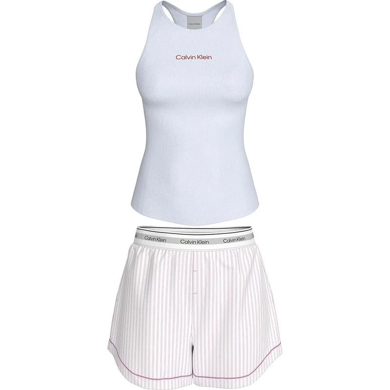 Calvin Klein Women's V DAY TANK SHORT SET LV00QS7580 Set, White (CLASSIC WHT W ECHO STRIPE CLASSIC), XL