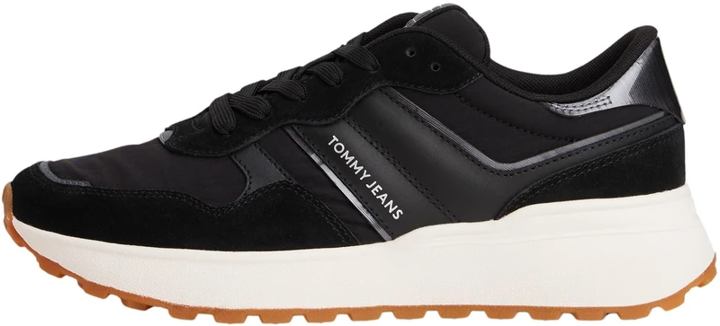 Tommy Jeans Women’s Cleated Leather Runner Trainers, Black (Black), 4