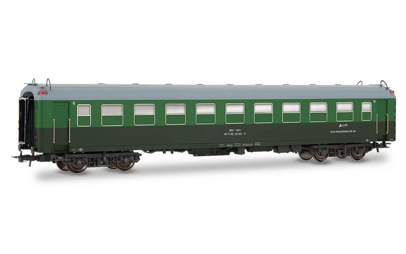 Electrotren HE4031 ADIF, SSV-1041, "Tajo de Vía", green-gray livery, ep. VI Passenger Coaches