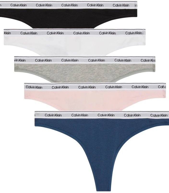 Calvin Klein Women’s 5 Pack Low Rise Stretch Cotton Thongs, Multicolor (Black/White/Grey Heather/Potpourri/), L