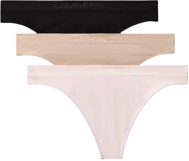 Calvin Klein Women's 3 Pack Stretch Thongs, Multicolor (Black/Cedar/Eggshell), L