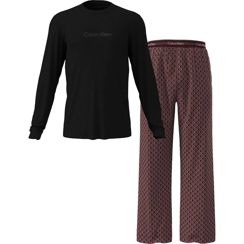 Calvin Klein Men’s Long Sleeve T-Shirt and Bottoms Pyjama Set, Multicolor (Black Top W/Bijou Modern Bijou Mo), S