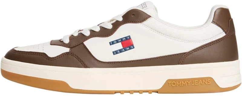 Tommy Jeans Men’s Essential Leather Cupsole Trainers, Multicolor (Ivory/Velvet Brown), 10.5