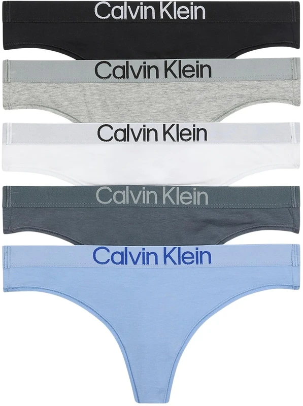 Calvin Klein Women's 5 Pack Thongs with Logo Waistband, Multicolor (Black/White/Grey Heather/Frozen Fio), XL