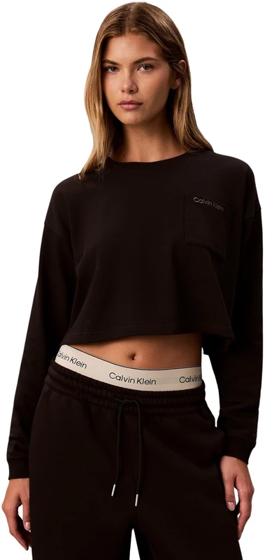 Calvin Klein Women's LOGO JERSEY LS CROP LV00QS7516 Sleep Top, Black (Black), XL
