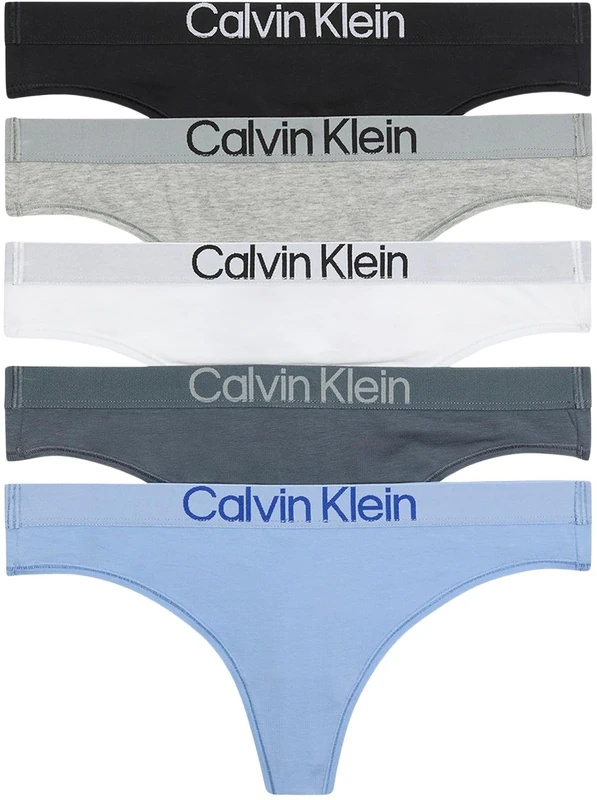 Calvin Klein Women's 5 Pack Thongs with Logo Waistband, Multicolor (Black/White/Grey Heather/Frozen Fio), L