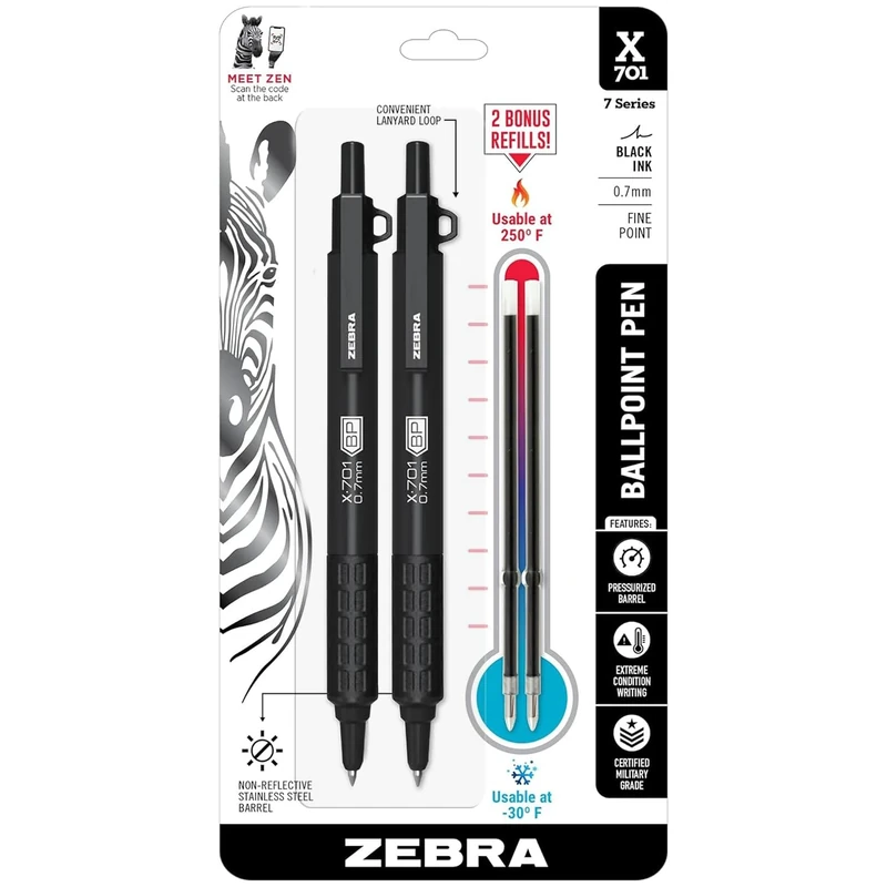 Zebra X-701 Tactical Pen, 0.7mm fine point, Black Ink - Pack of 2 Stainless Steel Retractable Ballpoint Pens with 2 Refills