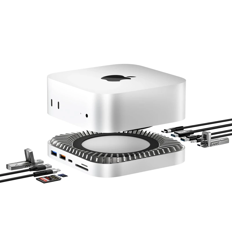 RayCue Mac mini M4 Dock, Aluminum Stand and HDMI Hub for Mac mini M4 and M4 Pro 2024 with M.2 NVMe/SATA SSD Enclosure, 4K60Hz HDMI,10G USB A/C, 5G USB A*2, USB-C Charge, SD/TF, Audio