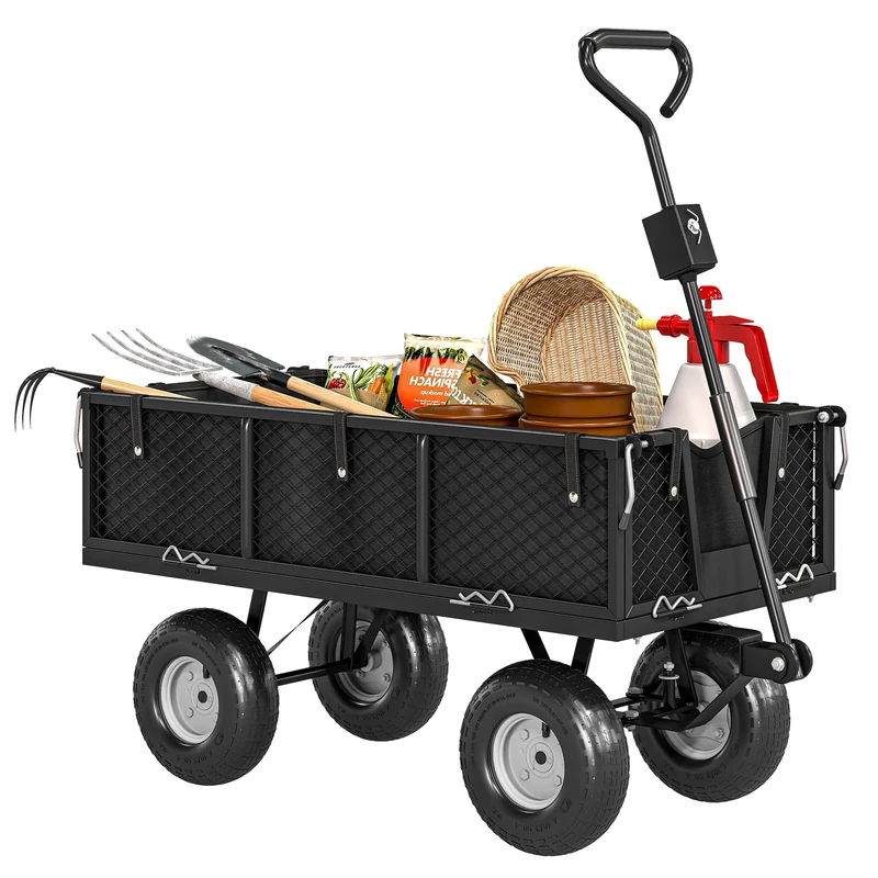Outsunny Garden Trolley Cart, Heavy Duty Festival Trolley with Removable Liner, Quick-Release Sides, 10" Pneumatic Wheels, 180° Rotating Handle, 300kg Capacity, Black