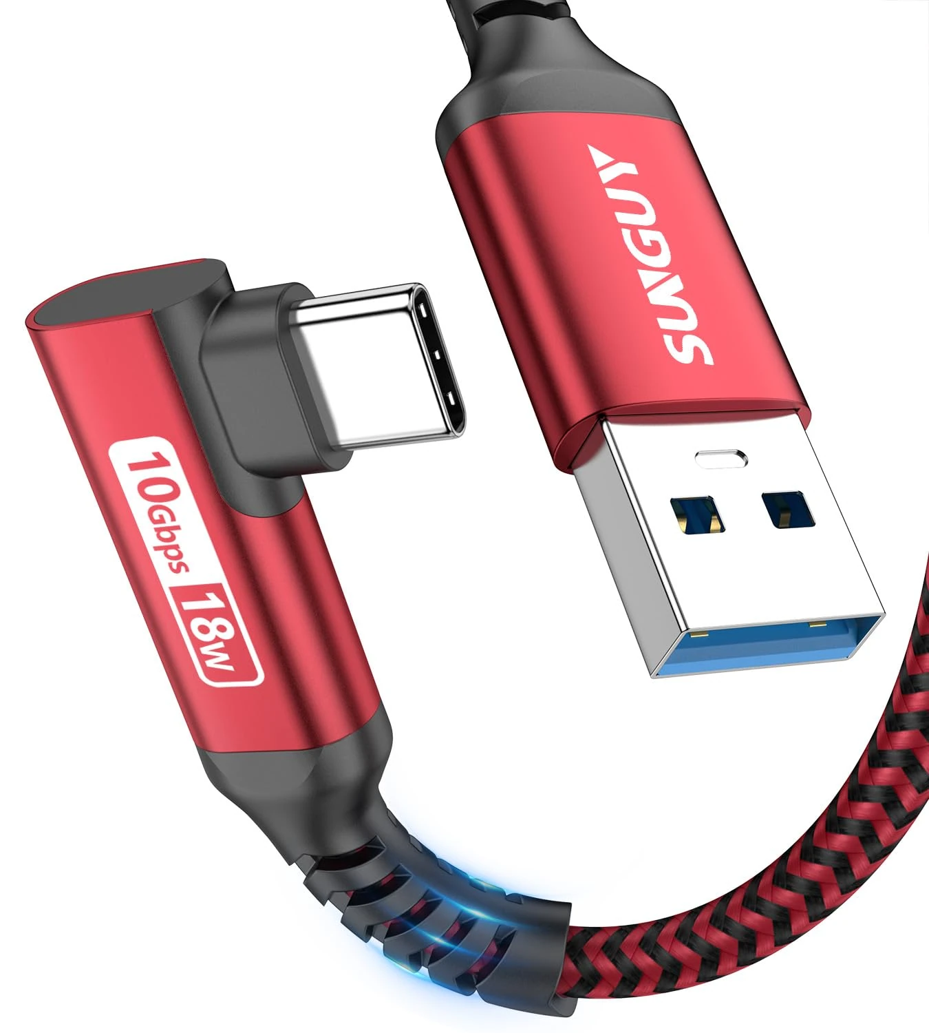 SUNGUY Android Auto USB C Cable, 0.6m/2FT Right Angle 3A Fast Charge & 10Gbps Data Sync Type C Cord for iPhone 17 16 15 Pro Max, Galaxy S24 S23 Ultra/Note 20, Samsung T7, SSD - Red