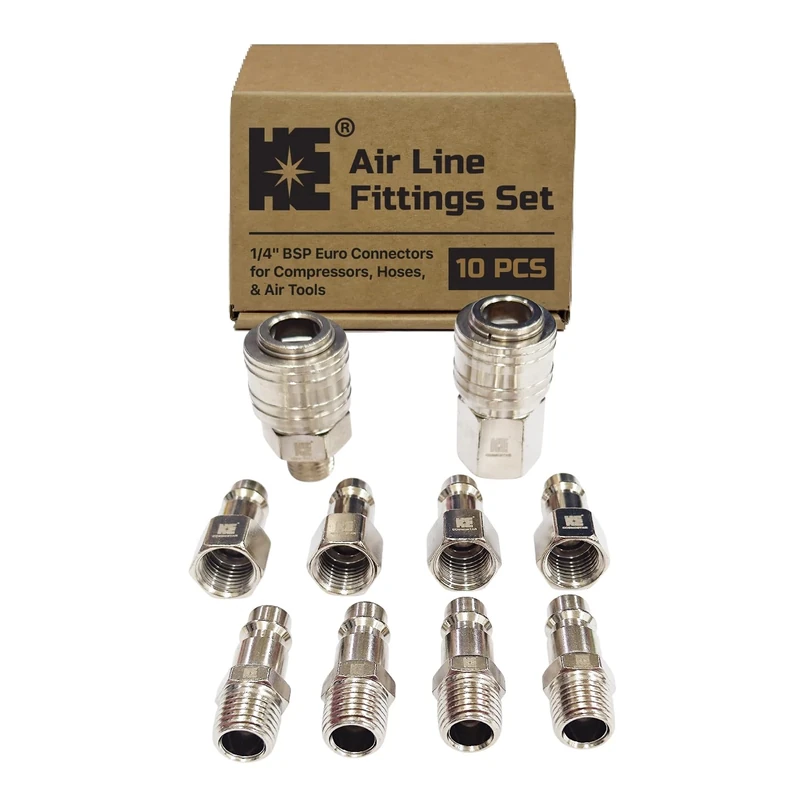Cosmostar 10-Piece Industrial Air Line Fittings Set – 1/4" BSP Euro Connectors for Compressors, Hoses, and Air Tools – Nickel-Plated Steel Couplers and Plugs