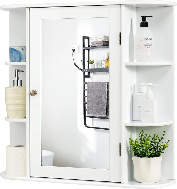 FANTASK Bathroom Mirror Cabinet with 4 Compartments and 6 Open Shelves Bathroom Cabinet Hanging with Mirror 66 x 17 x 63 cm White