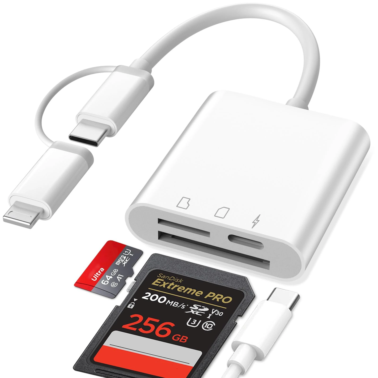 SD Card Reader for iPhone, 3 in 1 Lightning+USB C SD Card Reader, Memory Card Reader with SD/TF Slot+PD Port, for iPhone 15/14/iPad/MacBook Pro/Air/Samsung/Android Phone