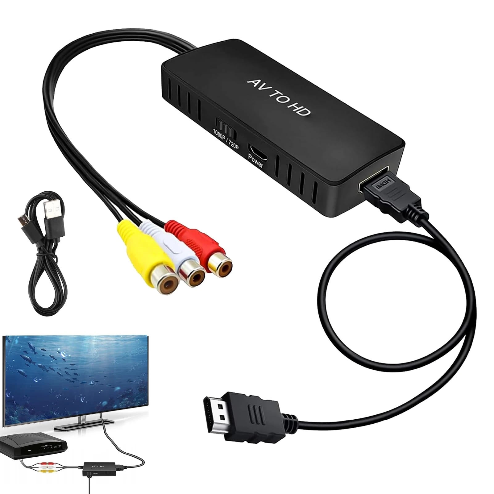 RCA to HDMI Converter, AV to HDMI Converter Adapter with HDMI Cable, 1080P/720P Composite CVBS Video Audio Converter for PS2 PS3 STB Xbox VHS VCR Blu-ray DVD Players, Supports PAL/NTSC Formats