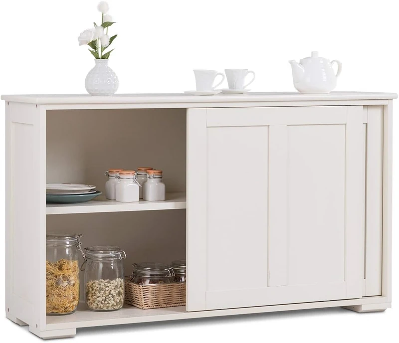 FANTASK 107 x 33 x 60 cm Sideboard, Side Cabinet, Kitchen Cabinet with Sliding Doors in Cream White, Height-Adjustable Shelf - Image 1