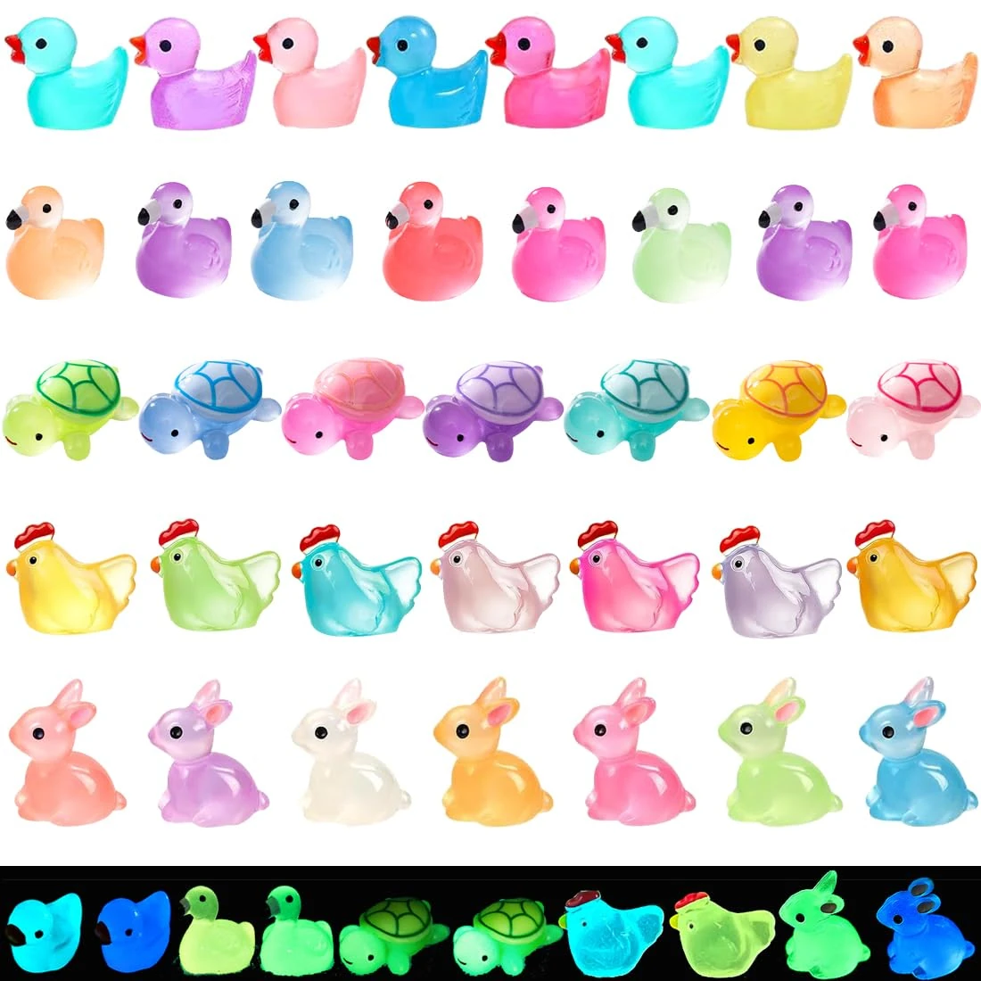 Mini Resin Animals 50 Pack Mini Ducks Bunnies Flamingos Turtles Rabbits Chicks Sting Ray Tiny Ducks Little Animals Figures Small Plastic Ducks Variety Pack Glow in The Dark Trinkets Statues Gifts Pink