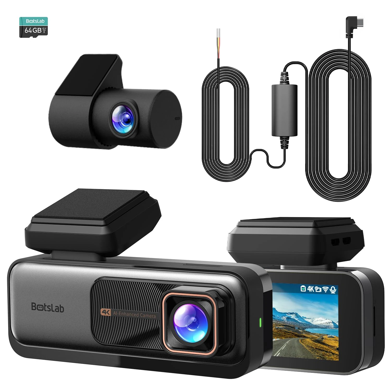 BOTSLAB 4K Dash Cam Front and Rear, Night Vision, 360° Rotatable Rear Camera, 2.45” IPS Screen, 170° Wide Angle, Built-in GPS and WiFi, 24/7 Parking Mode, with Hardwire Kit and 64 GB SD Card