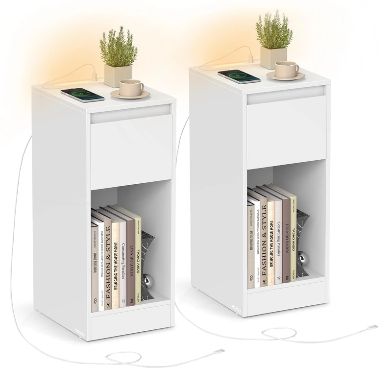 VASAGLE Slim Bedside Tables with Charging Station and LED Light, Set of 2 Narrow Side End Tables, USB Ports, Drawer and Open Compartment, for Bedroom, Living Room, Cloud White LET710W01