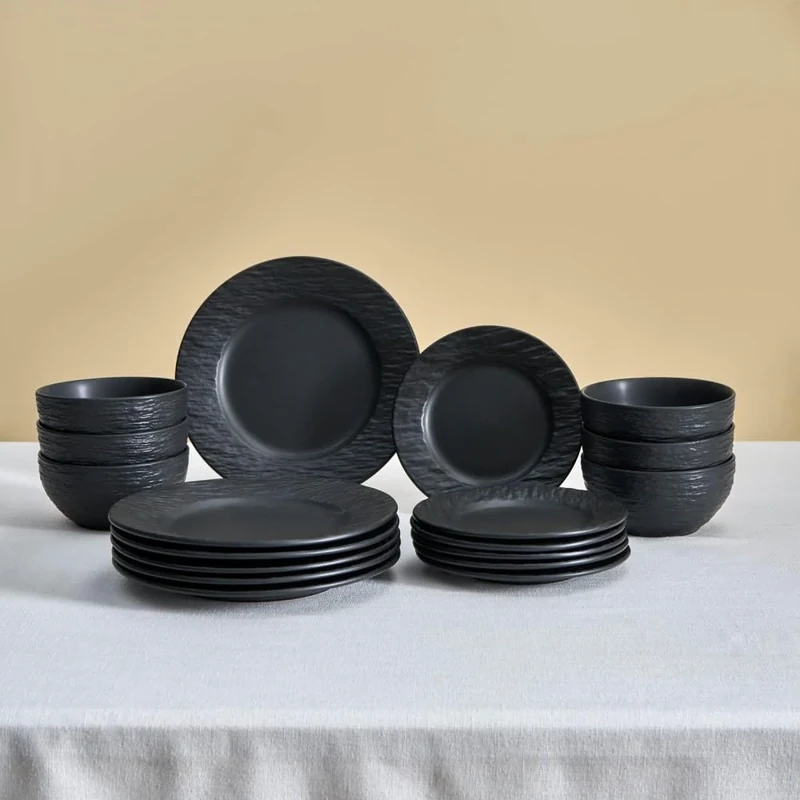 Karaca Solem Embossed 18-Piece Stoneware Dinner Set for 6 People, Dishwasher Safe, Microwave Safe, Dinner Plate, Side Plate, Soup Bowl, Black