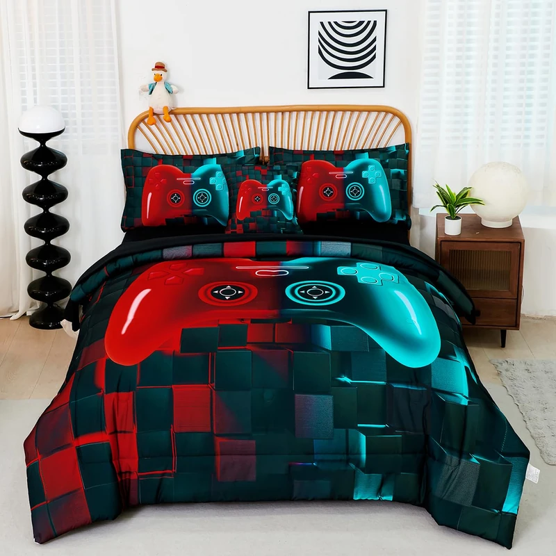 PERFEMET 6 Pcs Gaming Comforter Sets for Teen Boys Red and Teal Game Kids Bed in A Bag with Sheet Set 3D Cool Soft Lightweight Video Game Bed Set(Red Teal, Queen)