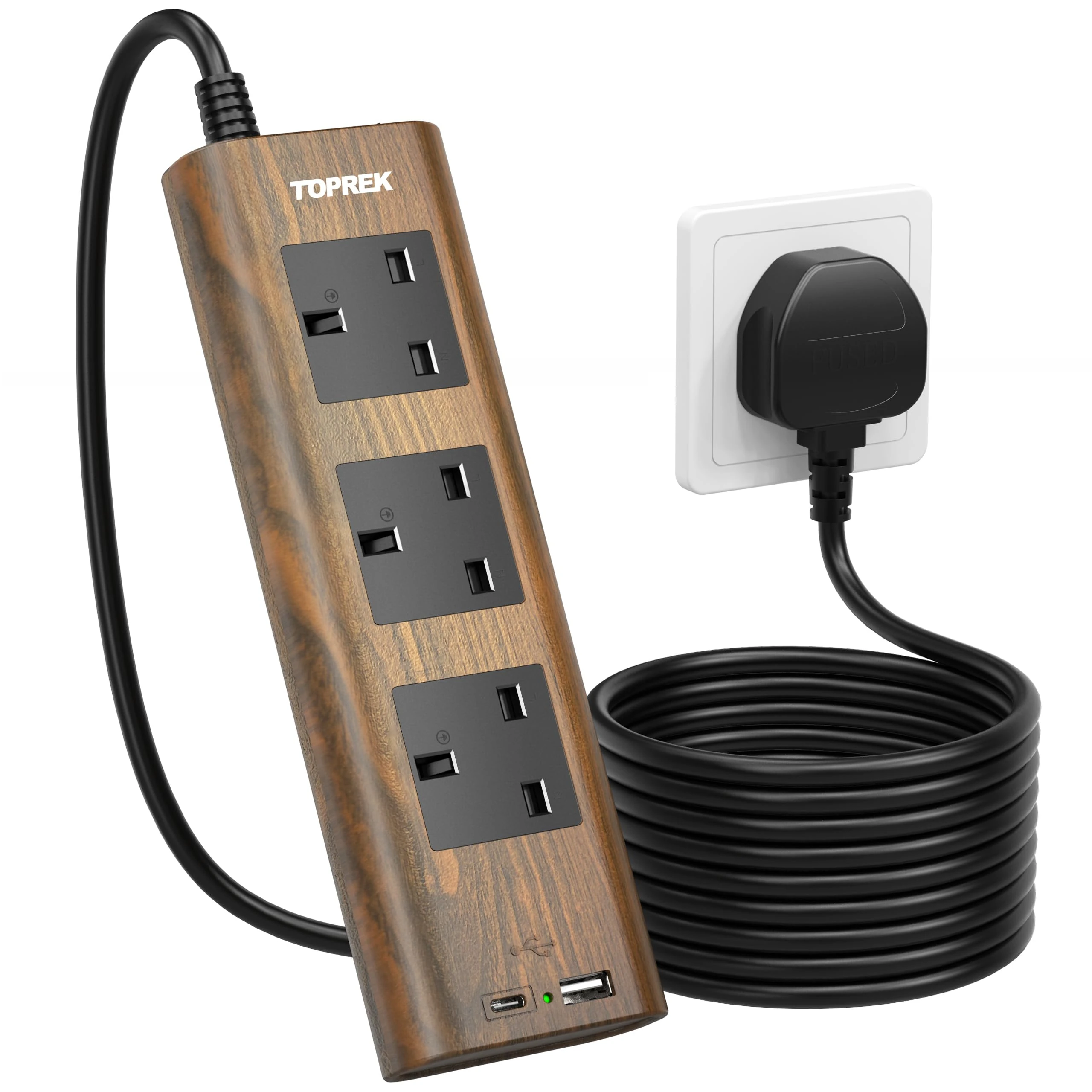 TOPREK Wood Grain 3 Way Extension Lead with USB Slots, Surge Protection, ON/OFF Switch, 13A/3250W, Extension Cable 2M for Home Kitchen Office