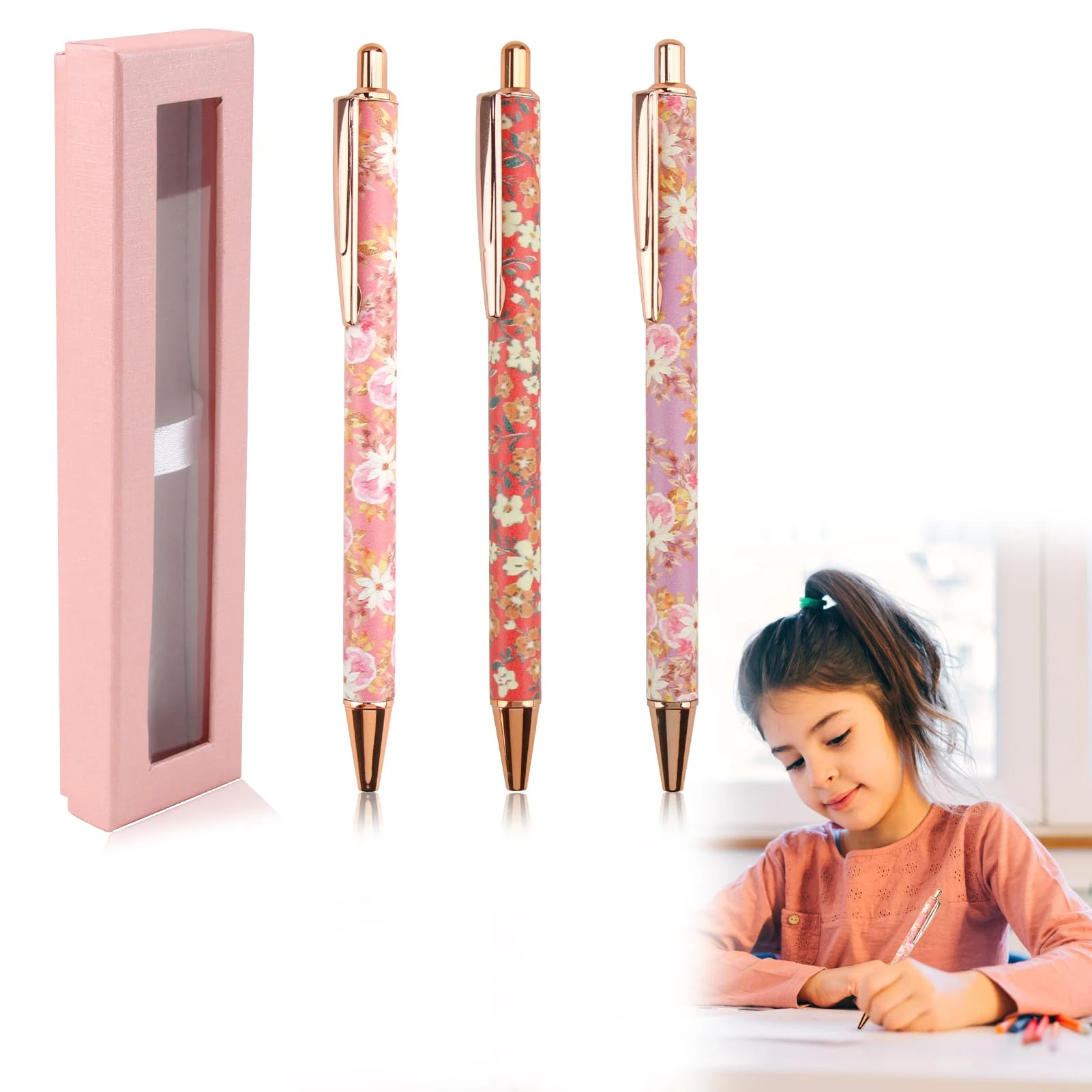 Times Mark 3Pcs Floral Ballpoint Pens, Personalized Fancy Metal Flower Ballpoints Pens with Box, Retractable Pretty Pen Sets for Ladies Student Teacher Office Birthday Christmas Thanksgiving Gifts