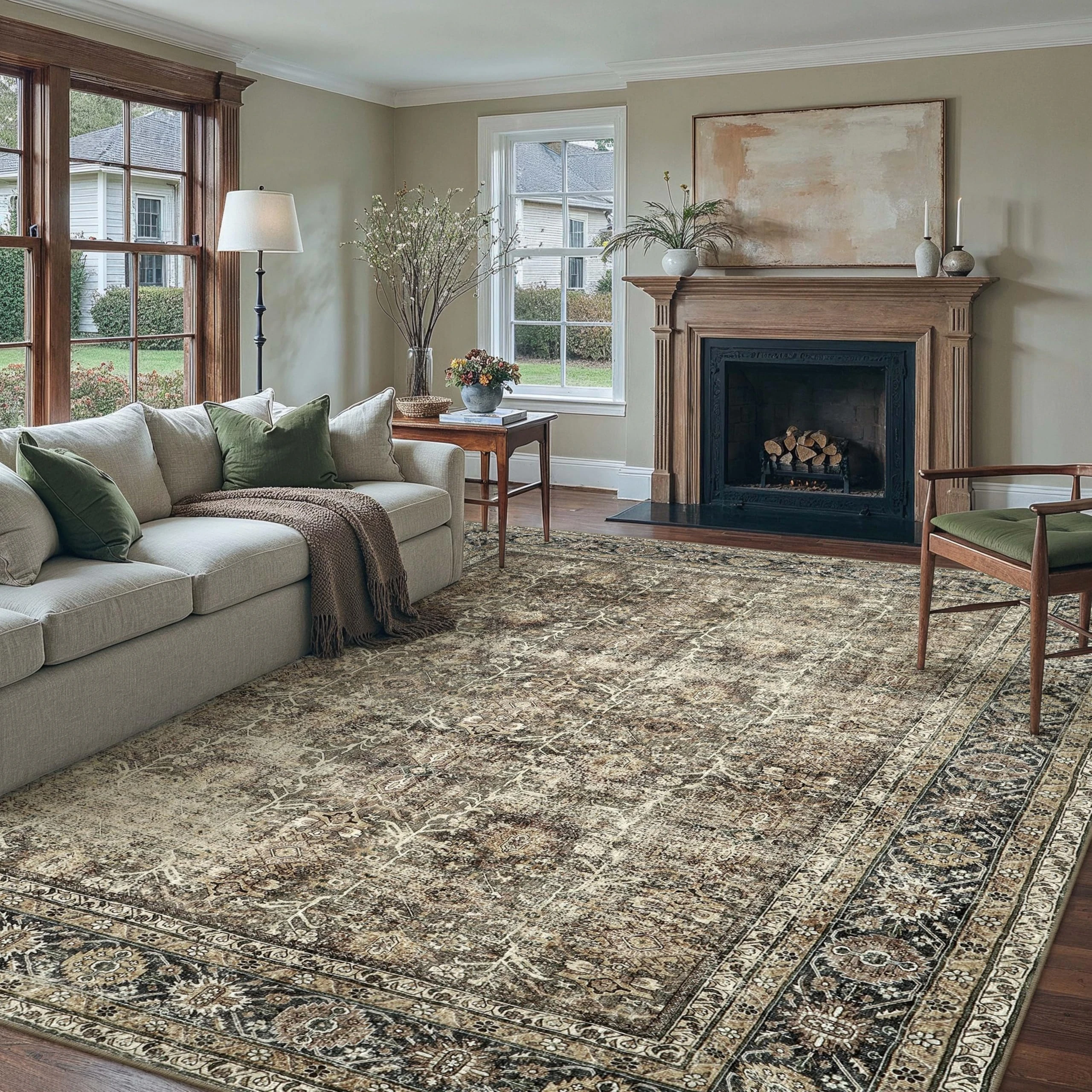 PureCozy Vintage Area Rug 12x15 Brown Washable Living Room Large Carpet Non Slip Bedroom Indoor Office Low Pile Traditional Distressed Retro Accent Rug for Dining Room