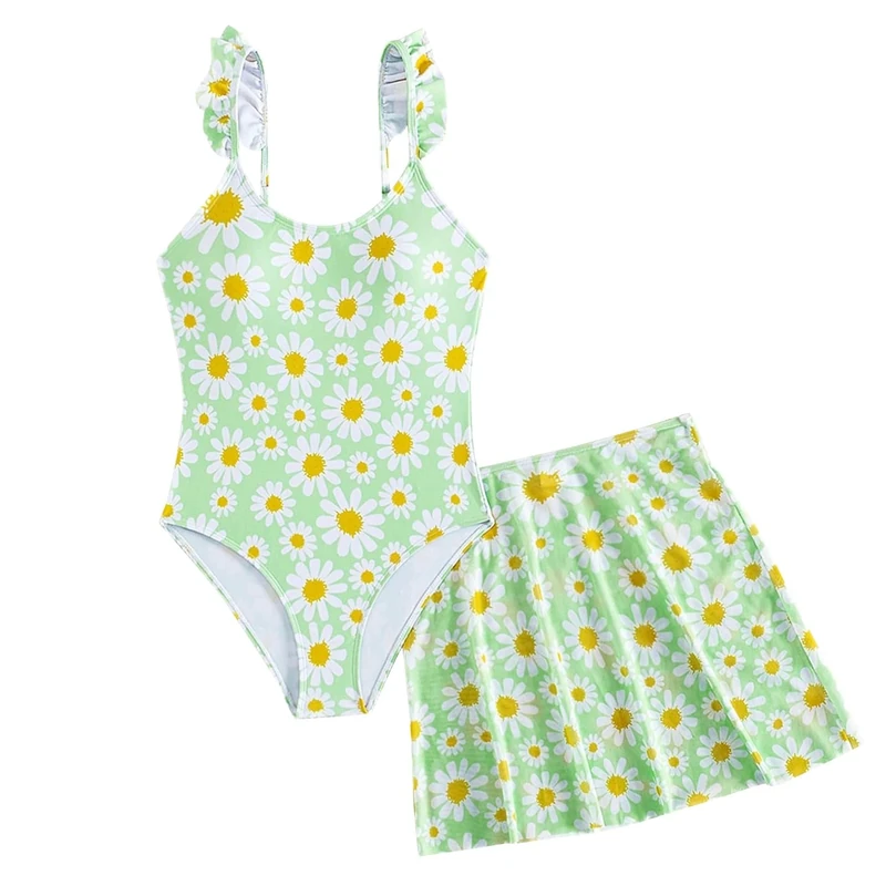 JiAmy Girls One-Piece Swimsuit Ruffle Skirt - Green Daisy Print