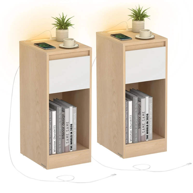 VASAGLE Slim Bedside Tables with Charging Station and LED Light, Set of 2 Narrow Side End Tables, USB Ports, Drawer and Open Compartment, for Bedroom, Living Room, Oak Beige and Cloud White LET710Y01