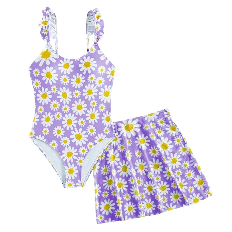 JiAmy One-Piece Swimsuit - Ruffle Skirt Daisy Floral Purple (8-9)