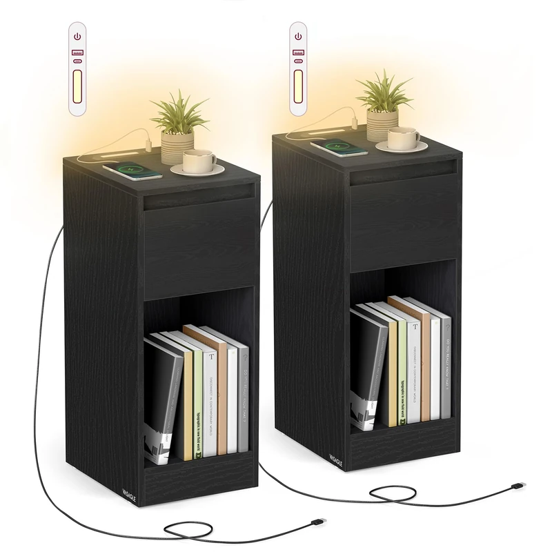 VASAGLE Slim Bedside Tables with Charging Station and LED Light, Set of 2 Narrow Side End Tables, USB Ports, Drawer and Open Compartment, for Bedroom, Living Room, Ebony Black LET710B01