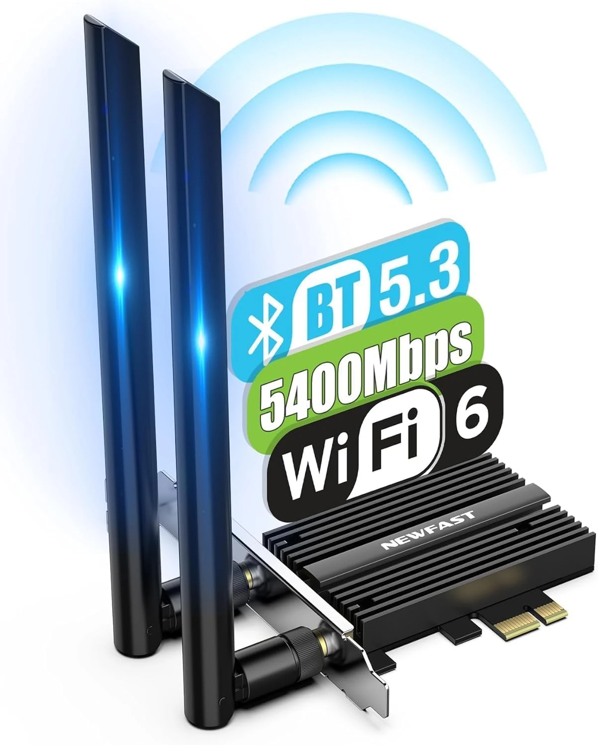 NEWFAST AX5400Mbps Tri-Band WiFi 6E Bluetooth 5.3 PCIe Adapter with Two Antennas, Ultra-Low Latency WiFi 6E PCIe Adapter for PC, Ideal for 8K Streaming, Supports Windows 11, OFDMA, PCIe WiFi Card