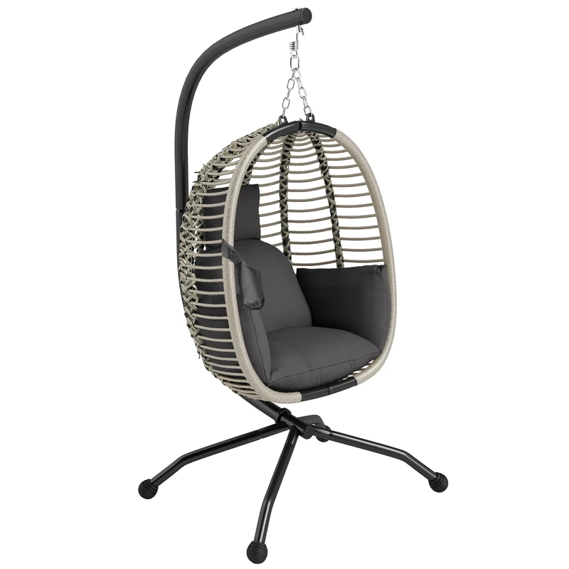 Outsunny Outdoor Swing Chair with Thick Padded Cushion, Patio Hanging Egg Chair with Metal Stand, Foldable Basket, Cup Holder, Rope Structure for Indoor & Outdoor, Dark Grey