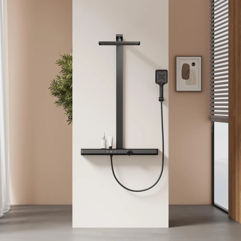 EMKE Thermostatic Shower Column, Safety Lock, Rain Shower with Faucet, 3 Jet Modes, Manual Shower, Shower System, Matte Black, 1022 x 711 x 605 mm