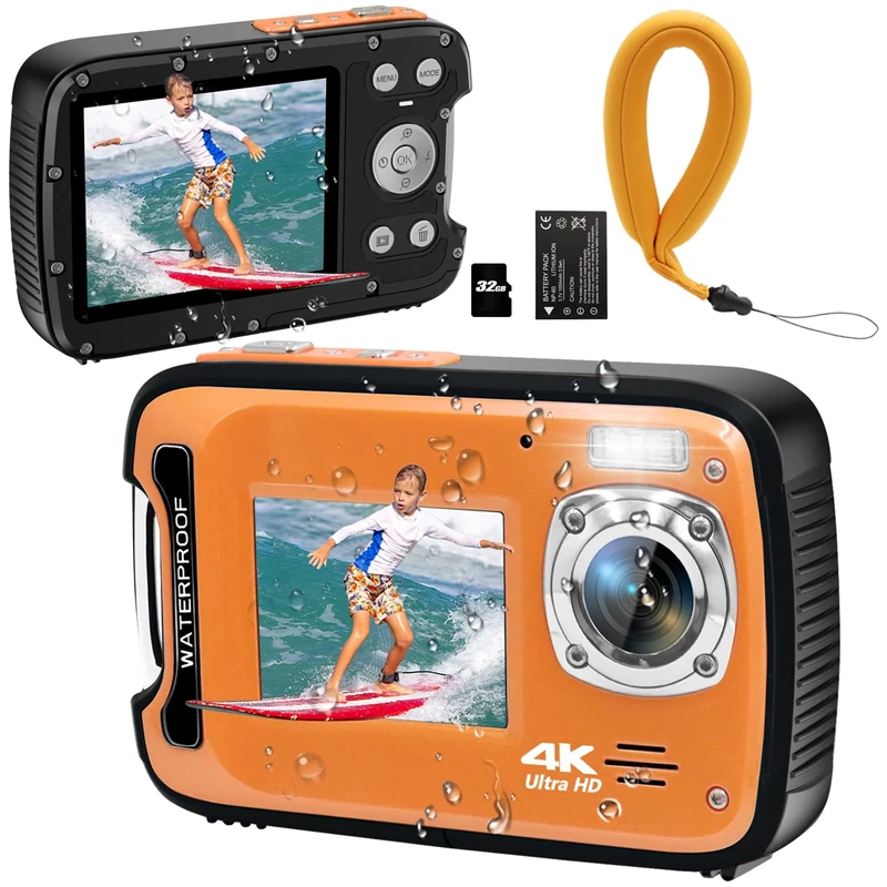 YEEIN Underwater Camera 4K 48MP Autofocus Selfie Dual Screen Waterproof with Floating Strap and 32GB Card, 17FT Compact Waterproof Digital Camera for Snorkeling