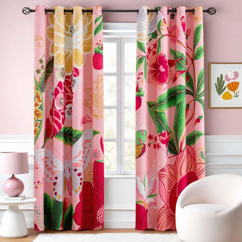 Tyrot Pink Boho Floral Blackout Curtains for Girls Bedroom 96 inch Long 2 Panels Butterfly Botanical Black Out Curtains for Living Room Grommet Thermal Insulated Room Darkening Window Drapes,52Wx96L