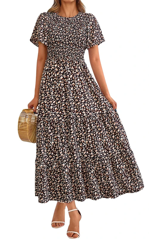 PRETTYGARDEN Women's 2026 Summer Casual Flutter Short Sleeve Boho Floral Maxi Dress Crew Neck Smocked Tiered Long Dresses, Black Leopard, L - Image 1