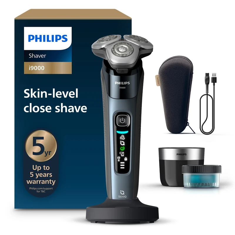 Philips Shaver i9000, Wet & Dry Electric Shaver, Ice Blue, with Skin IQ Technology, Triple Lift & Cut System, 360 Rotating Dual SteelPrecision Blades, Quick Clean Pod, Model X9001/30