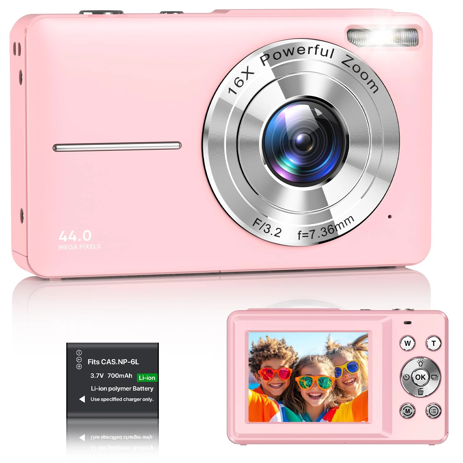 Digital Camera 1080P FHD Compact Digital Camera 44MP Portable Mini Small Photo Camera with 2.4" LCD Screen, 16X Digital Zoom and 1 Battery Vlogging Camera for Kids, Girls, Boys-Pink (No SD Card)