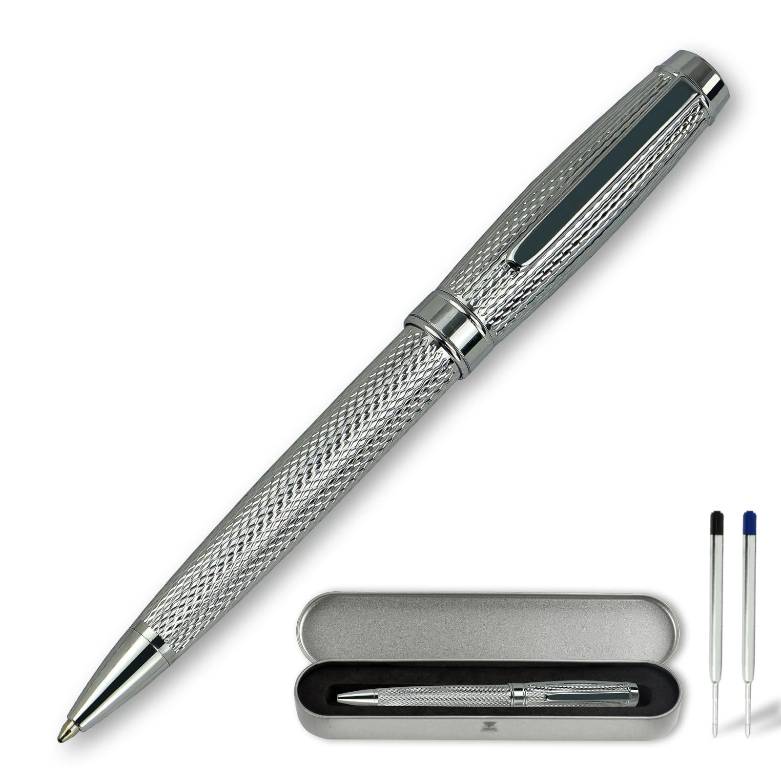 YUN CHUN Executive Pens for Men, Heavy Ballpoint Pens Set for Men Gift, Retractable Ball Point Pens for Work, Smooth Writing Black Ink with Lozenge Pattern, Silver