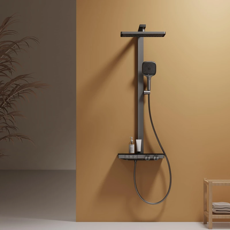 EMKE Thermostatic Shower Column, 360mm Large Shower Head, Adjustable Lift Bar, 4 Functions, Hand Shower, Water Flow Adjustment, 402 x 573 x 1050 mm, Matt Anthracite