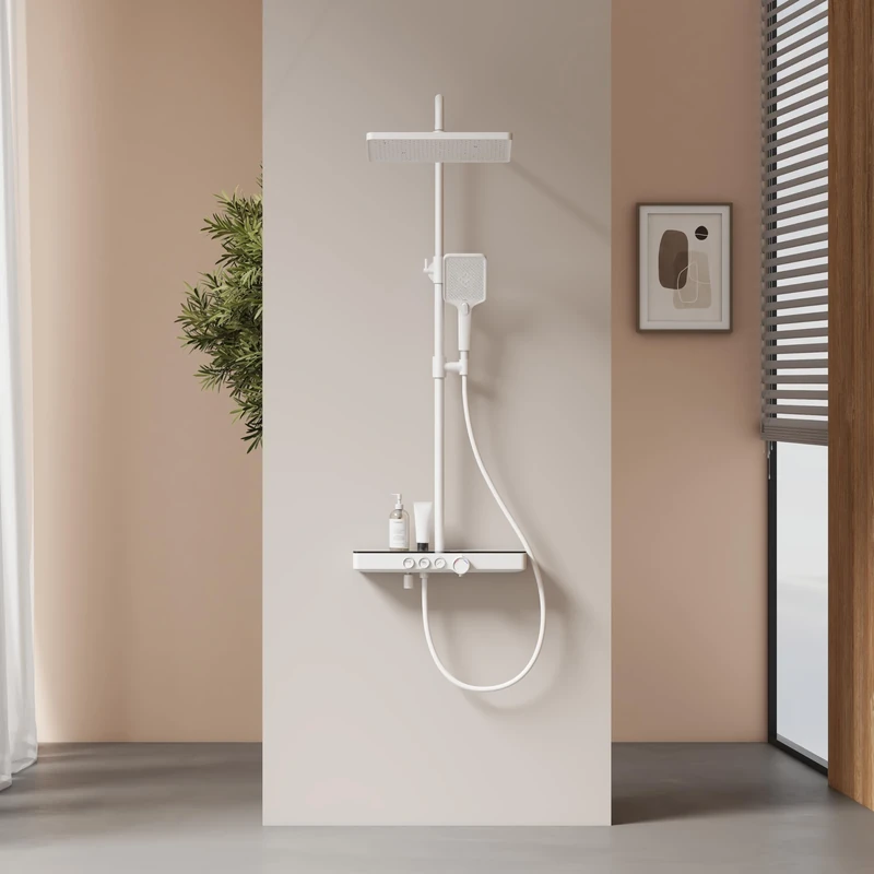 EMKE Thermostatic Shower Column, Rain Shower and Manual Shower, Height Adjustable 816-1145 mm, Matte White, Shower Set with Glass Shelf, 1145x450x480 mm
