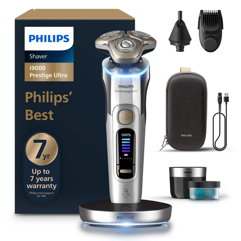 Philips Shaver i9000 Prestige Ultra, Wet & Dry Electric Shaver, Chrome, Skin IQ Pro Technology, Triple Lift & Cut System, 360 Rotating NanoTech Precision Blades, 5 Shaving Modes, Model XP9404/38