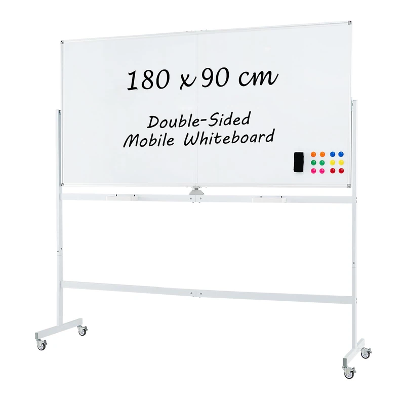 CASART Double Sided Easel-Style Whiteboard, Height Adjustable Dry Erase Board with Stand, Eraser, Magnets & Markers, Mobile Magnetic Whiteboard for Office Classroom (White, 180 x 90cm)